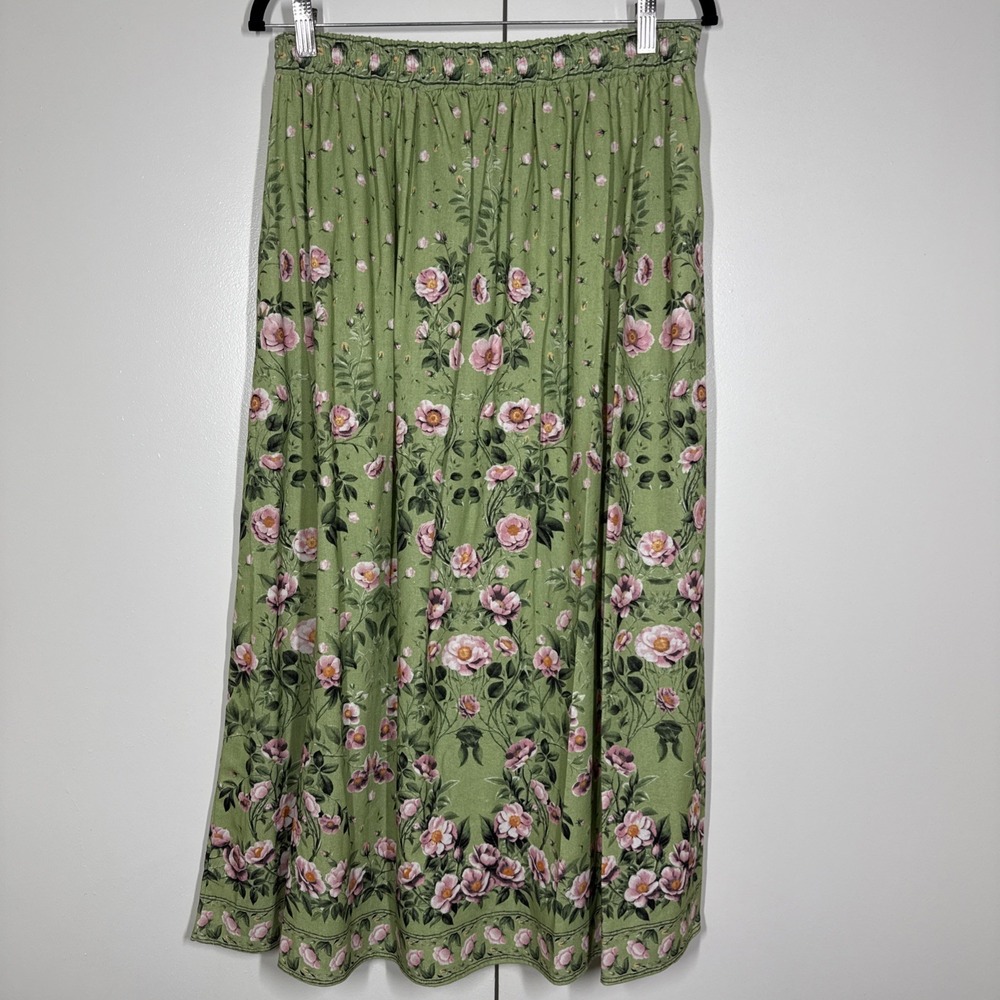 Max Studio Green Floral Midi Skirt women's sz M Cottagecore Prairie Linen Blend - Picture 6 of 10